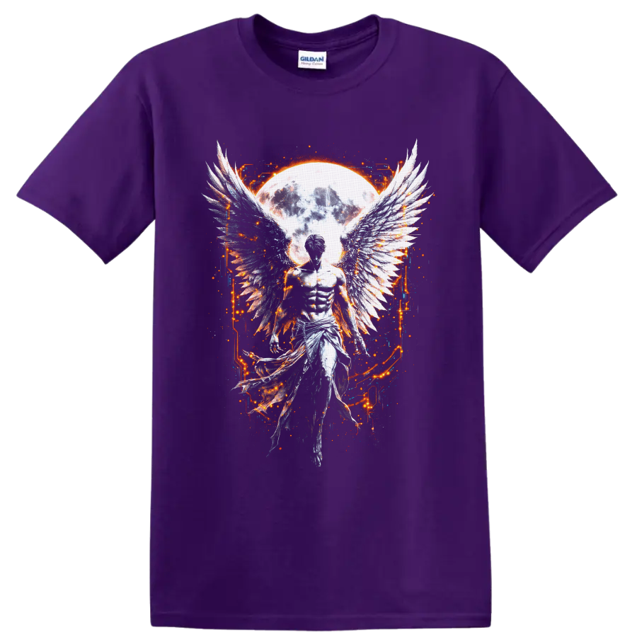 Fallen angel with feathered wings before a glowing moon in gothic fantasy art on a Purple T Shirt