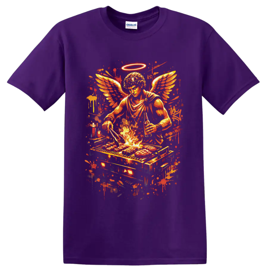 Fiery winged angel chef grilling over flames with halo, sunglasses, and paint splatters on a Purple T Shirt