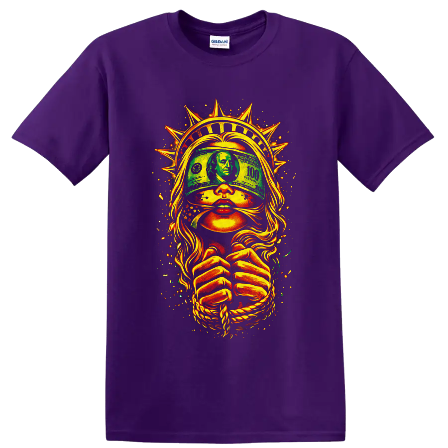 Blindfolded liberty lady with dollar bill, spiked crown, rope, and fiery street art on a Purple T Shirt