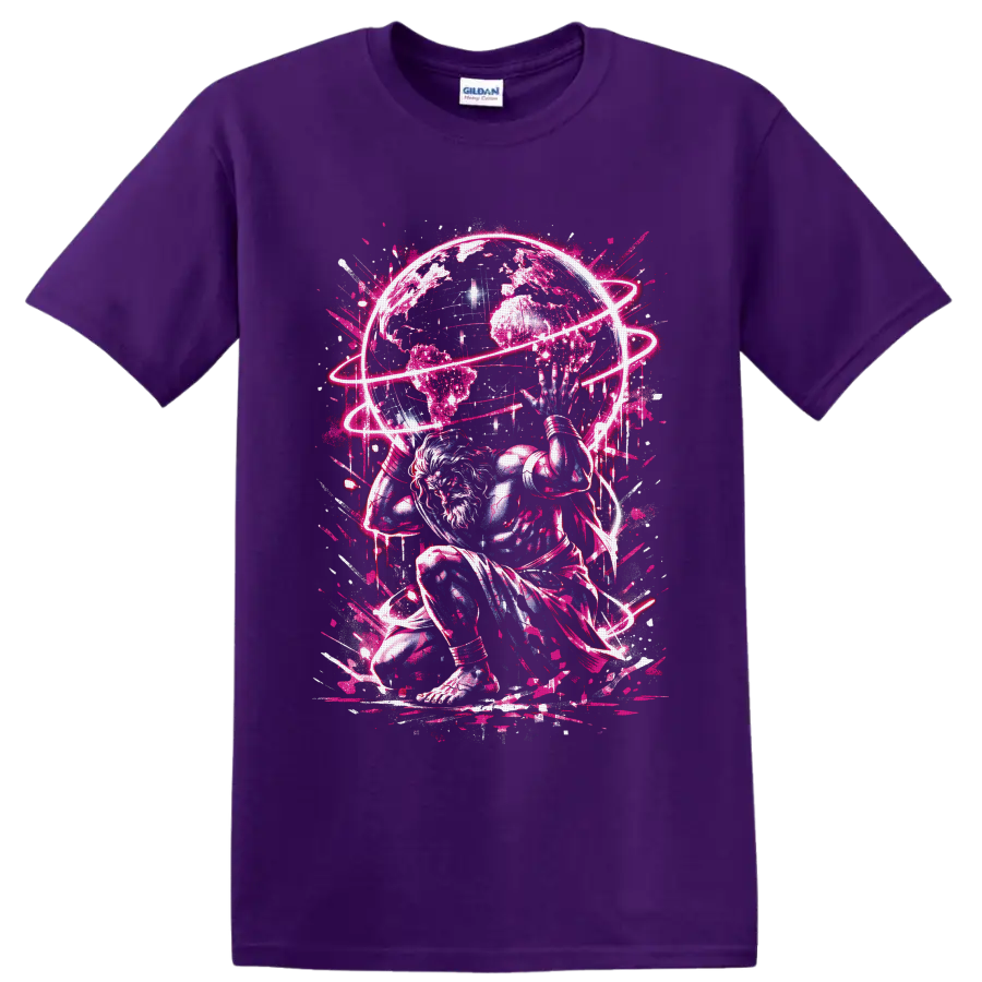 White-haired cosmic warrior beneath a globe with neon-pink orbital rings on a Purple T Shirt