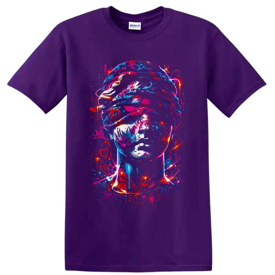 Neon graffiti-style soldier helmet portrait with paint splatters and glowing light trails on a Purple T Shirt