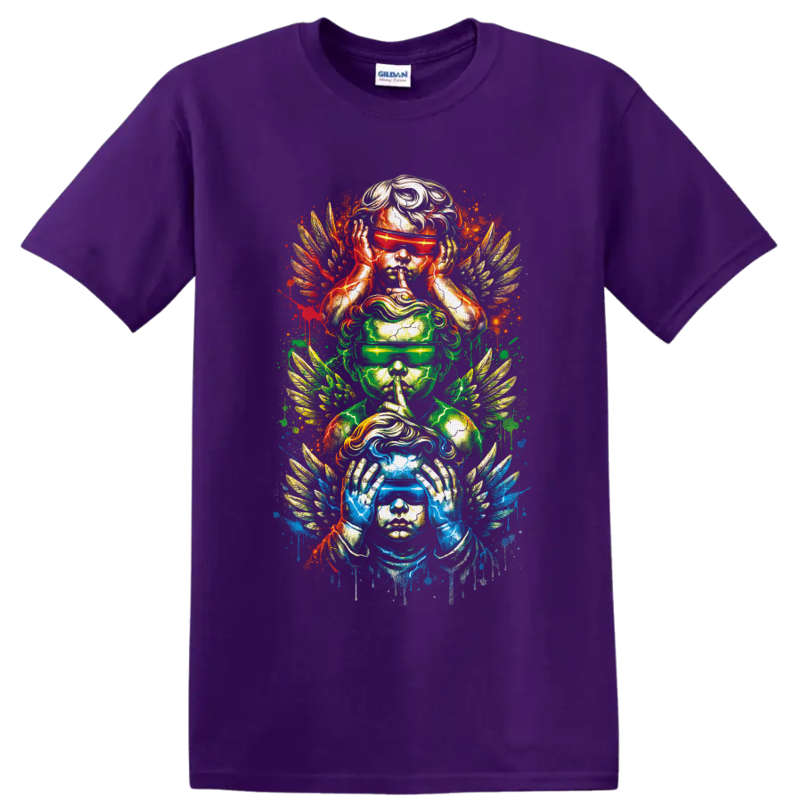 Three winged figures portraying hear, speak, and see no evil in neon splatter art on a Purple T Shirt