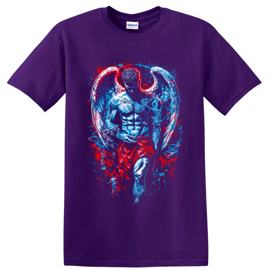 Winged angel warrior in blue and crimson gothic fantasy splatter illustration on a Purple T Shirt