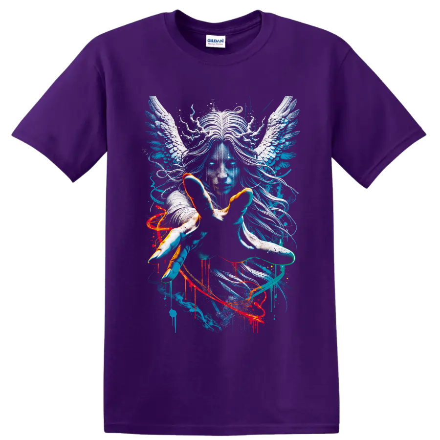 Surreal blue winged portrait with white angel wings, flowing hair, and paint splatter on a Purple T Shirt