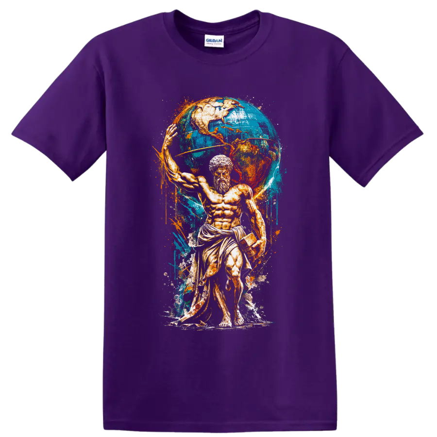 Atlas-inspired classical Titan with a blue world globe in distressed vintage paint art on a Purple T Shirt