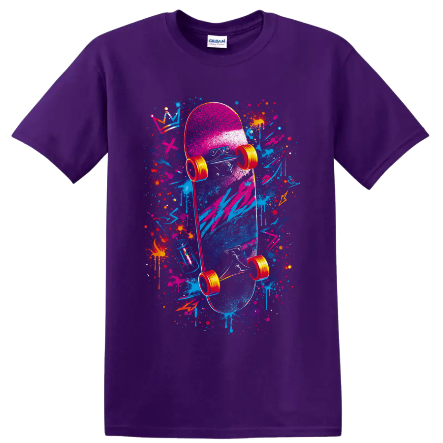 Neon graffiti-style skateboard graphic with paint splatters, drips, and bright wheels on a Purple T Shirt