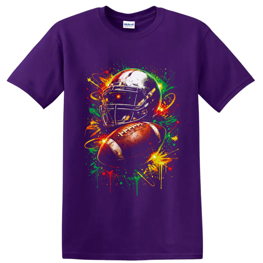 Football helmet and ball with vibrant graffiti-style paint splashes on a Purple T Shirt