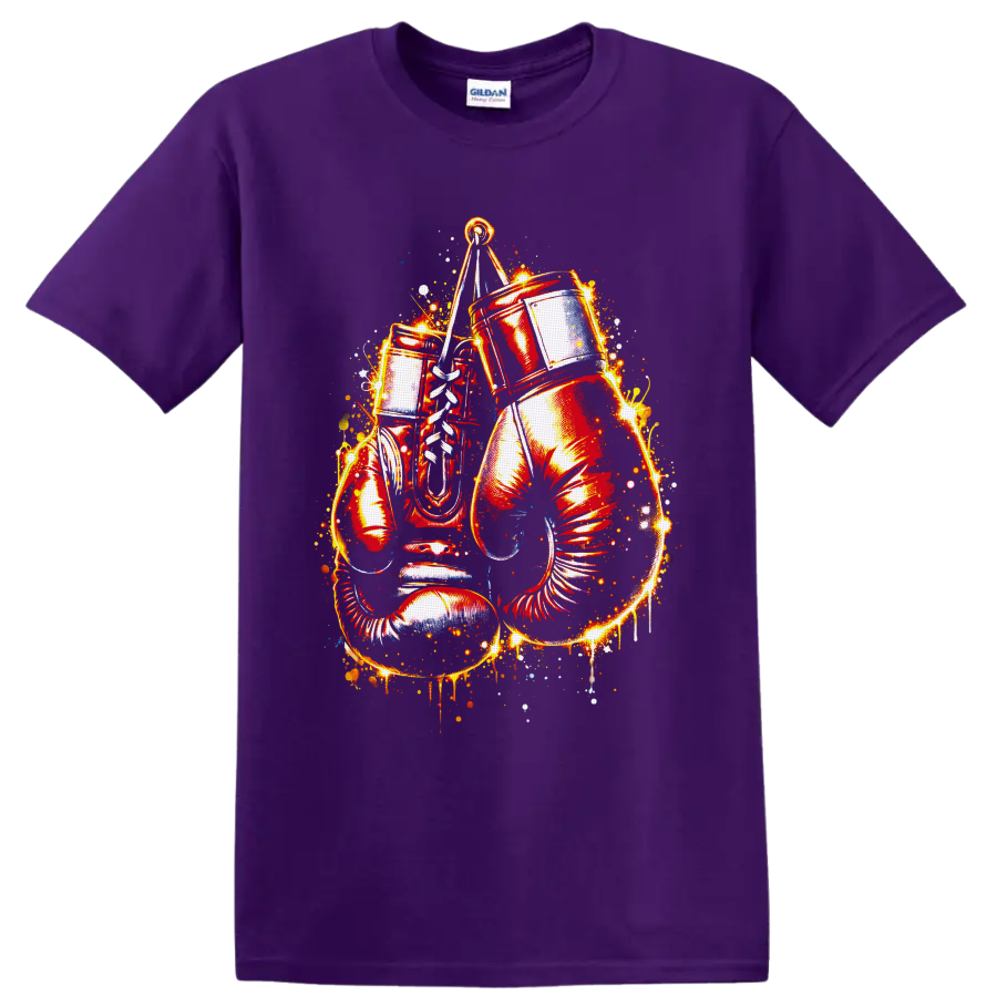 Fiery drum set with cymbal, drumsticks, sparks, and paint splatter graphic on a Purple T Shirt
