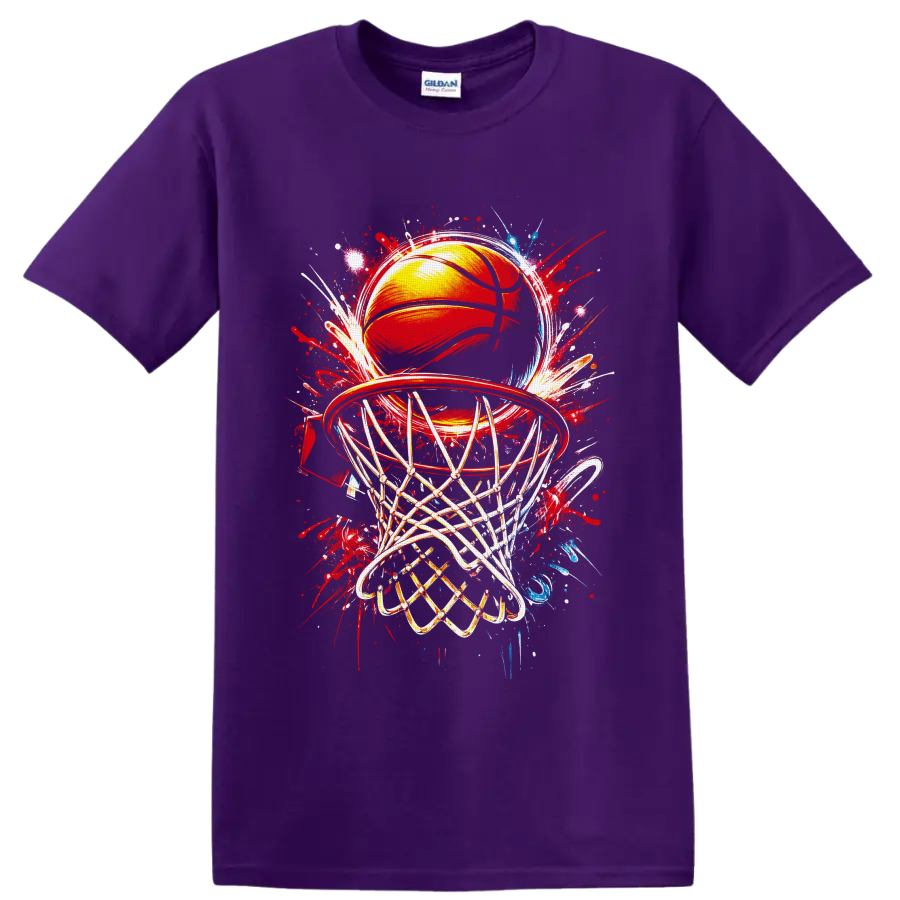 Basketball hoop and ball with net in colorful graffiti splash art on a Purple T Shirt