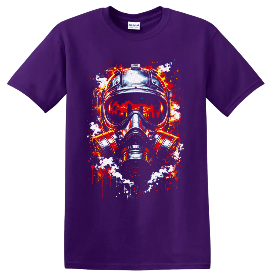Dystopian gas mask illustration with burning city skyline, flames, smoke, and paint on a Purple T Shirt