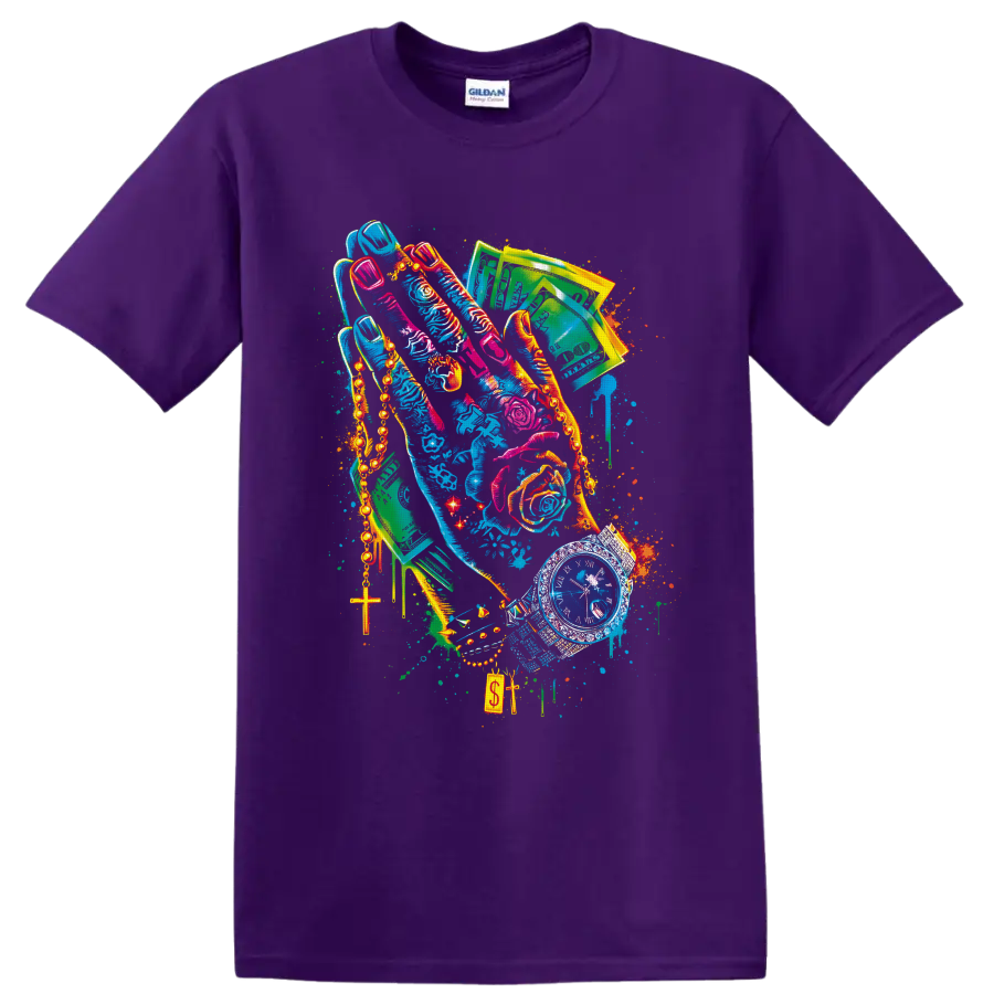 Colorful urban collage of high-top sneakers, cash, chains, roses, cross pendant, and watch on a Purple T Shirt