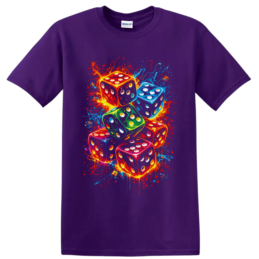 Colorful stacked dice in neon graffiti style with glowing pips and paint splatters on a Purple T Shirt