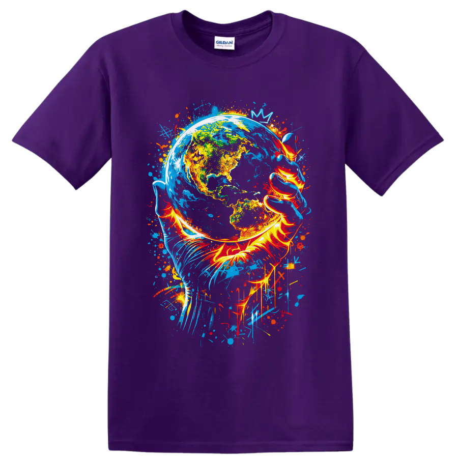 Colorful Earth globe graffiti art with fiery ribbons, blue paint splashes, and drips on a Purple T Shirt