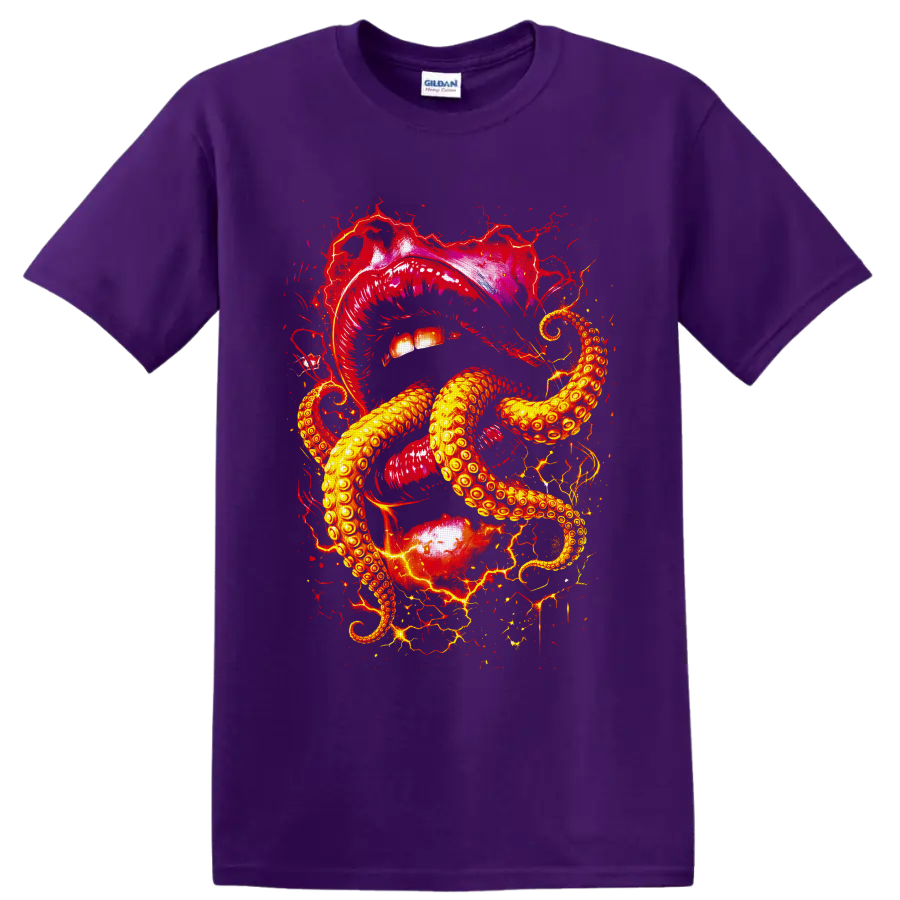 Surreal crimson lips with golden octopus tentacles in gothic splatter art on a Purple T Shirt