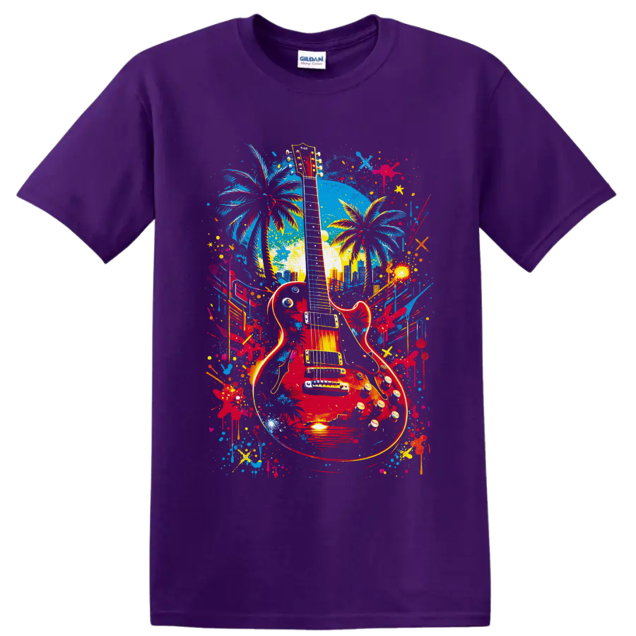 Red electric guitar with palm trees, skyline, and colorful graffiti paint splashes on a Purple T Shirt
