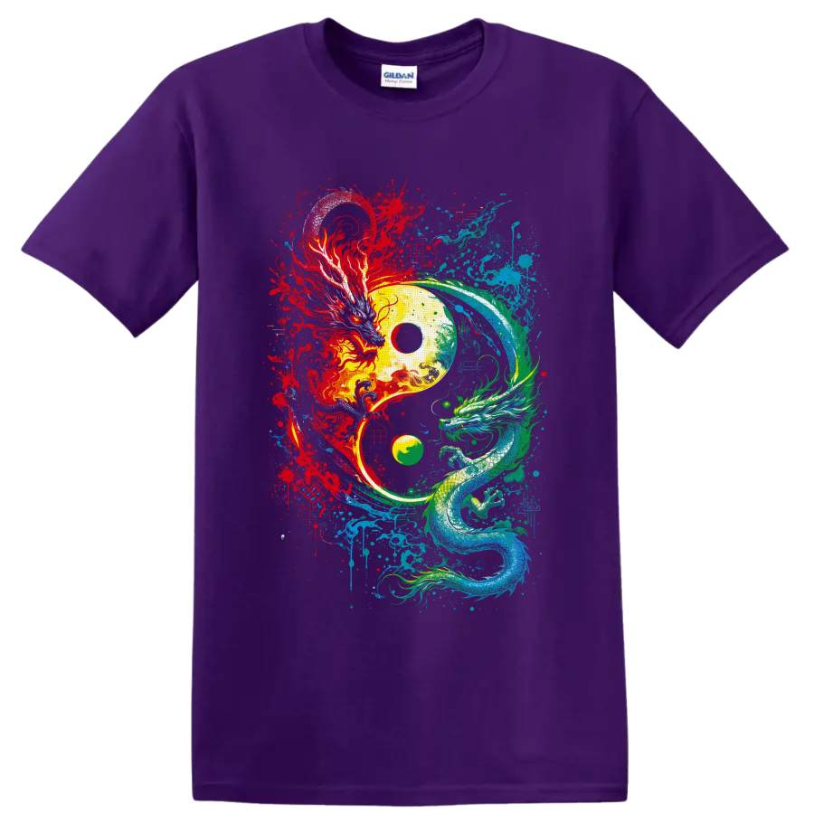 Yin yang with red phoenix and teal dragon in vibrant splatter art on a Purple T Shirt