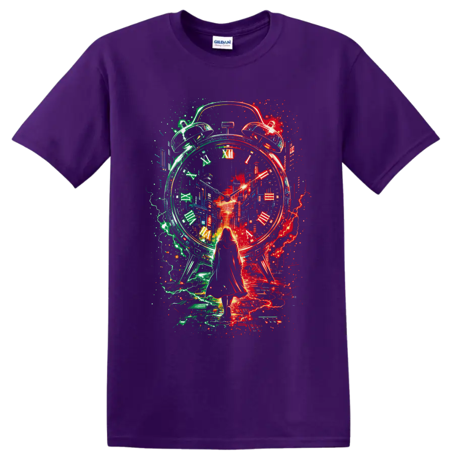 Surreal neon alarm clock and futuristic city with a woman silhouette on a Purple T Shirt