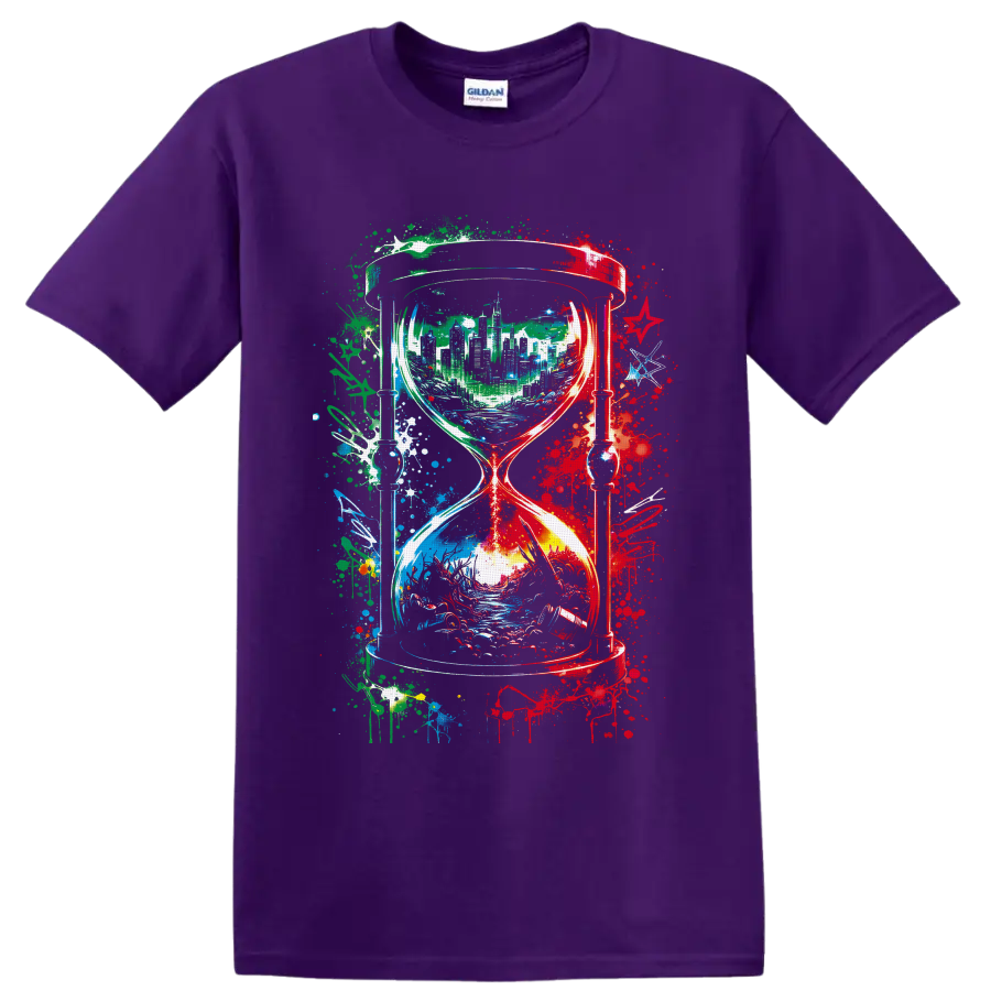 Abstract hourglass with city skyline, flowing landscape, and colorful paint splatters on a Purple T Shirt