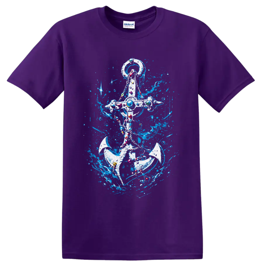 Ornate nautical anchor with electric-blue ocean splashes, bubbles, and colorful accents on a Purple T Shirt