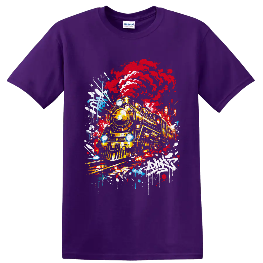 Steam locomotive with red smoke in vivid graffiti-style railroad artwork on a Purple T Shirt