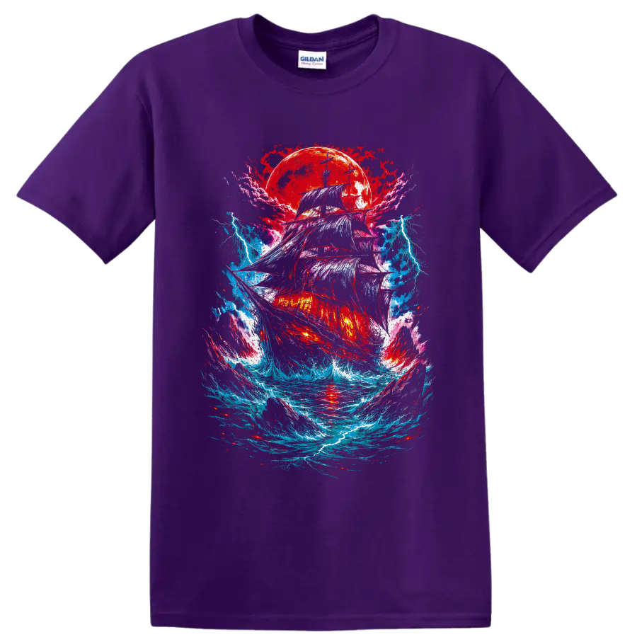 Gothic fantasy pirate ship in storm waves beneath a crimson moon and lightning on a Purple T Shirt
