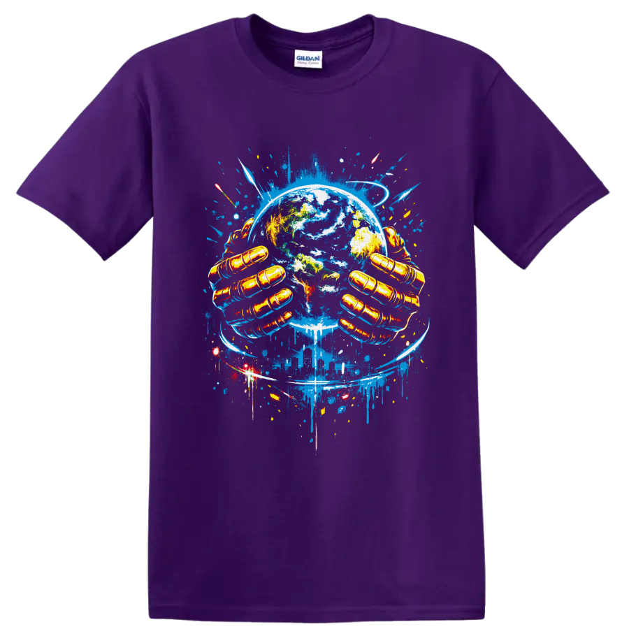 Graffiti-style Earth artwork with golden gloved hands, rockets, and blue orbit trails on a Purple T Shirt