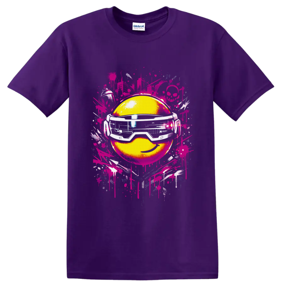 Yellow smiley face in futuristic goggles with pink graffiti splatters on a Purple T Shirt