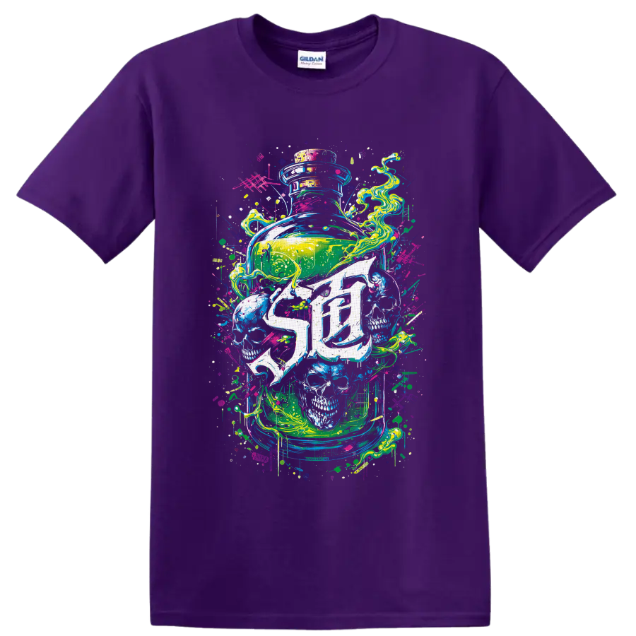 Neon graffiti glass jar with skulls, swirling smoke, splatters, and drips on a Purple T Shirt