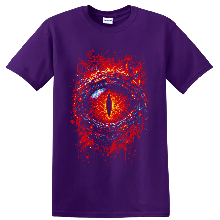Fiery dragon eye with yellow slit pupil, red splatters, and blue abstract arcs on a Purple T Shirt