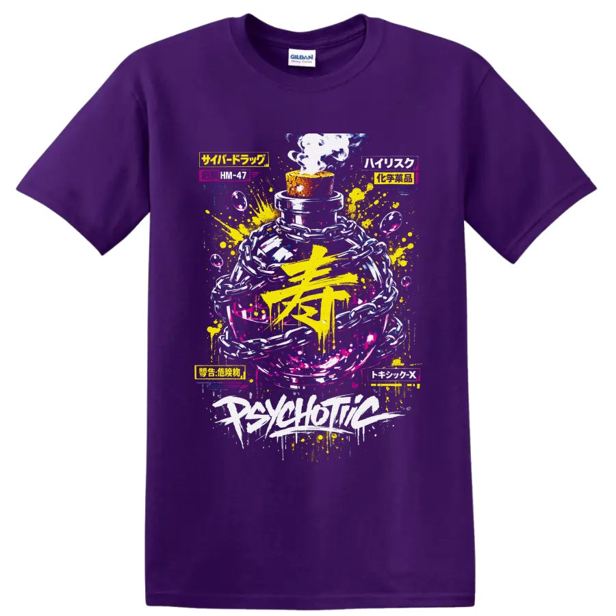 Psychedelic smoke bottle with chains, neon paint splashes, and graffiti-style lettering on a Purple T Shirt