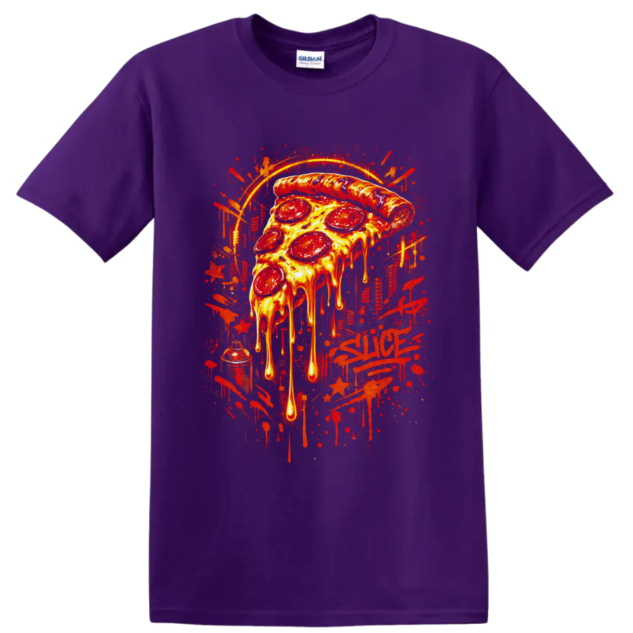Dripping pepperoni pizza slice in fiery graffiti street art style on a Purple T Shirt