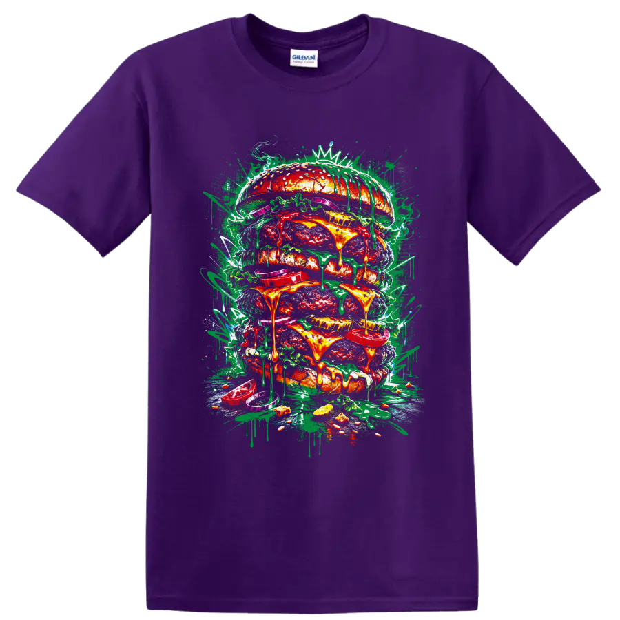 Graffiti-style giant stacked burger with dripping cheese, toppings, paint splatters, and on a Purple T Shirt