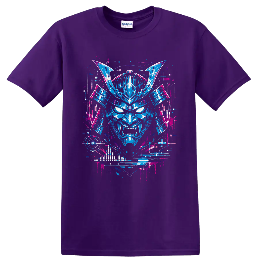 Neon cyberpunk oni mask with samurai armor, horns, fangs, and glitch-art details on a Purple T Shirt
