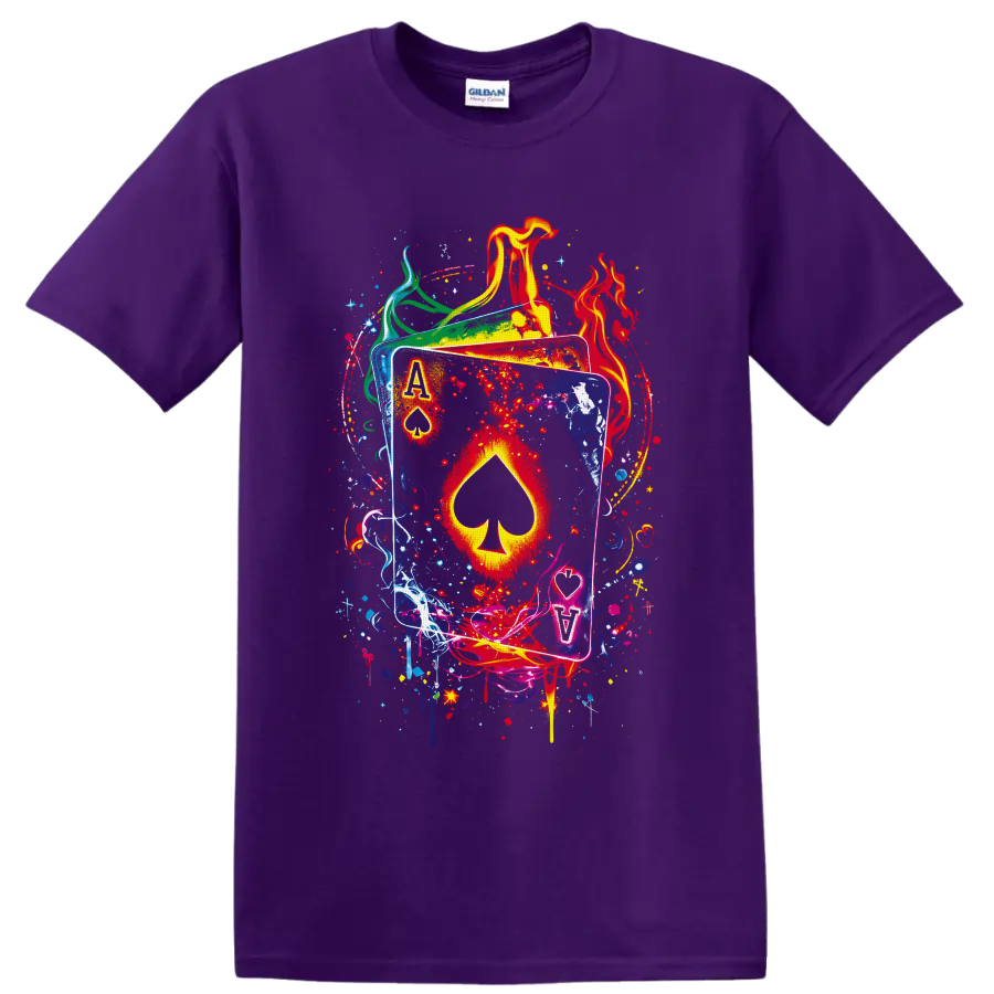 Ace of spades playing cards with flames, paint splashes, and graffiti-style art on a Purple T Shirt