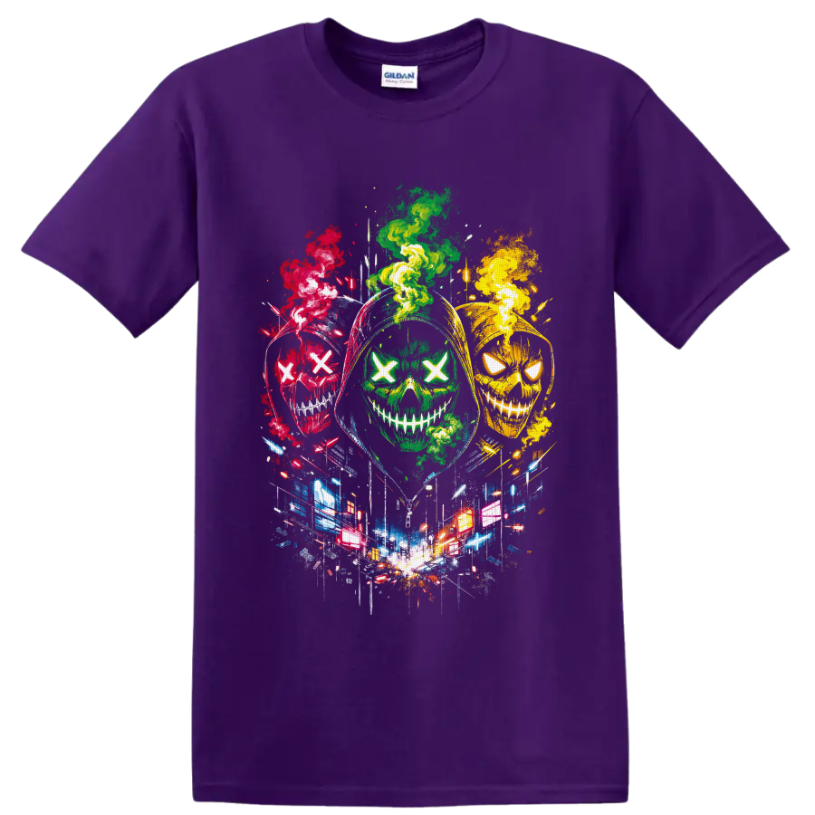 Three neon X-eyed skulls with colorful smoke and glowing city street art on a Purple T Shirt