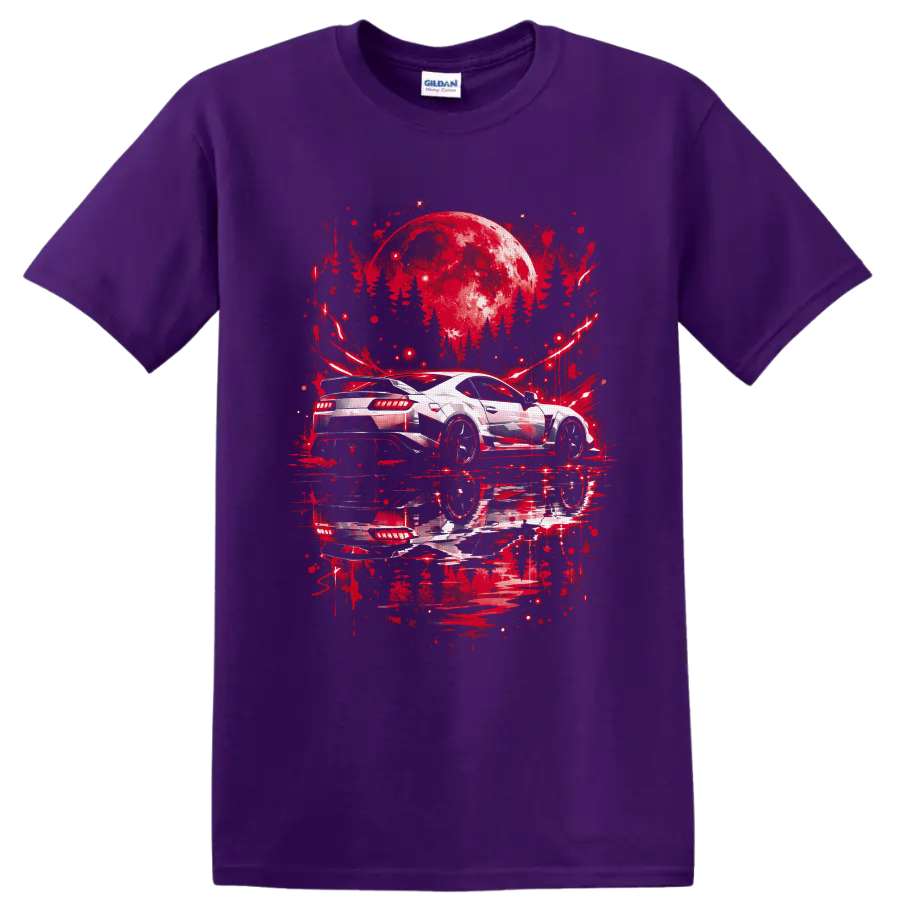 White sports car beneath a crimson moon in red graffiti-style night artwork on a Purple T Shirt