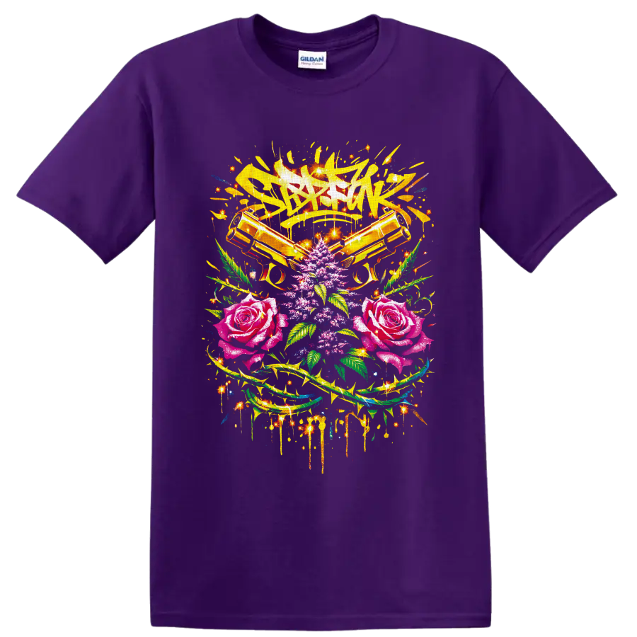 Bang Bang graffiti art with crossed golden pistols, roses, cannabis leaves, and sparks on a Purple T Shirt