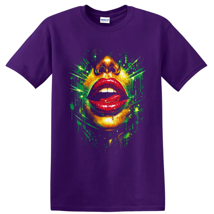 Abstract face with glossy red lips and neon green graffiti splatter art on a Purple T Shirt