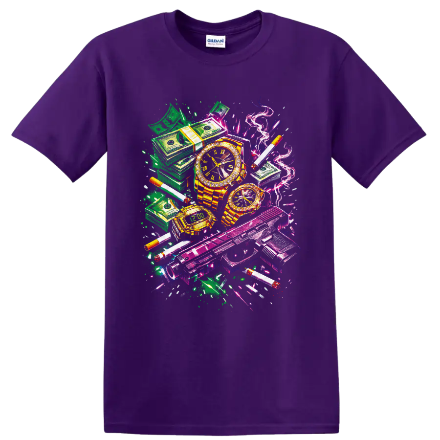 Neon graffiti collage of cash stacks, gold watches, handguns, cigarettes, and smoke on a Purple T Shirt