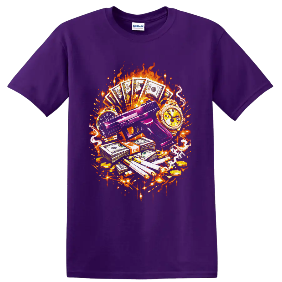 Purple handgun with cash, gold watches, cigars, coins, flames, smoke, and graffiti on a Purple T Shirt