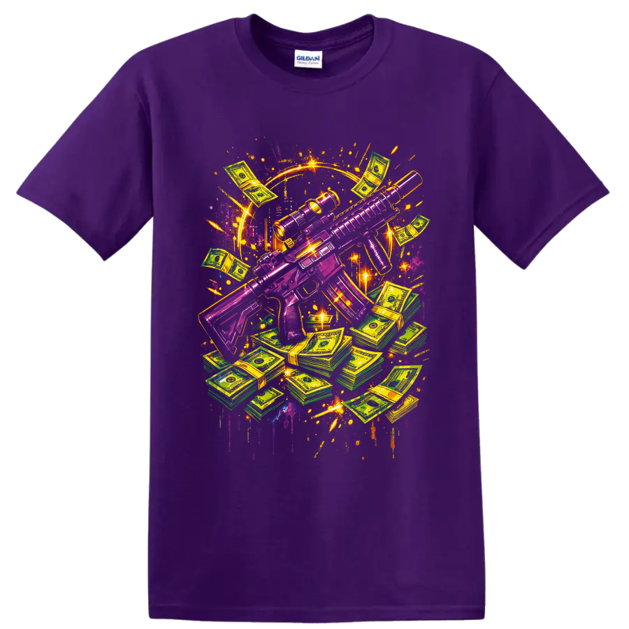 Neon purple tactical rifle with cash stacks in vibrant graffiti art on a Purple T Shirt