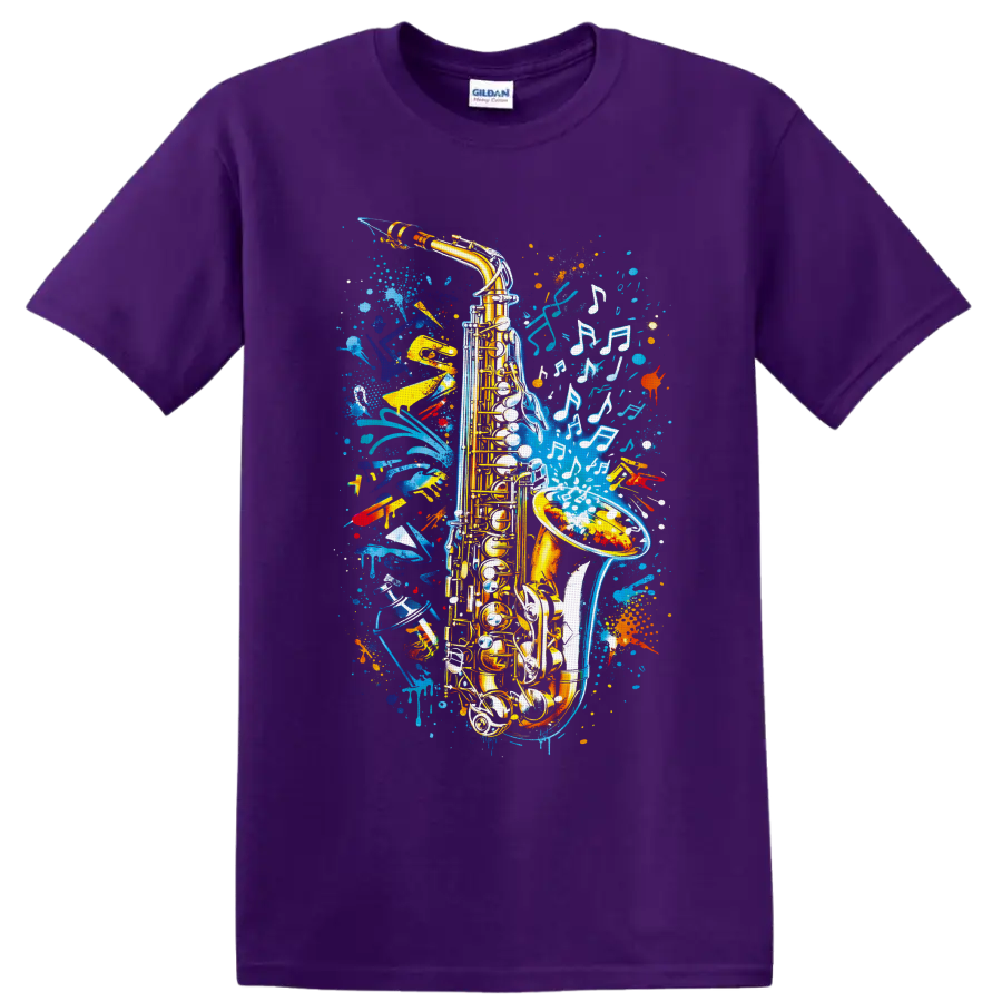 Golden saxophone with white musical notes and colorful graffiti paint splashes on a Purple T Shirt