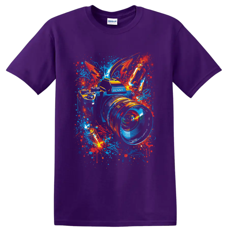 Graffiti-style camera with oversized lens, vivid paint splatters, and abstract strokes on a Purple T Shirt
