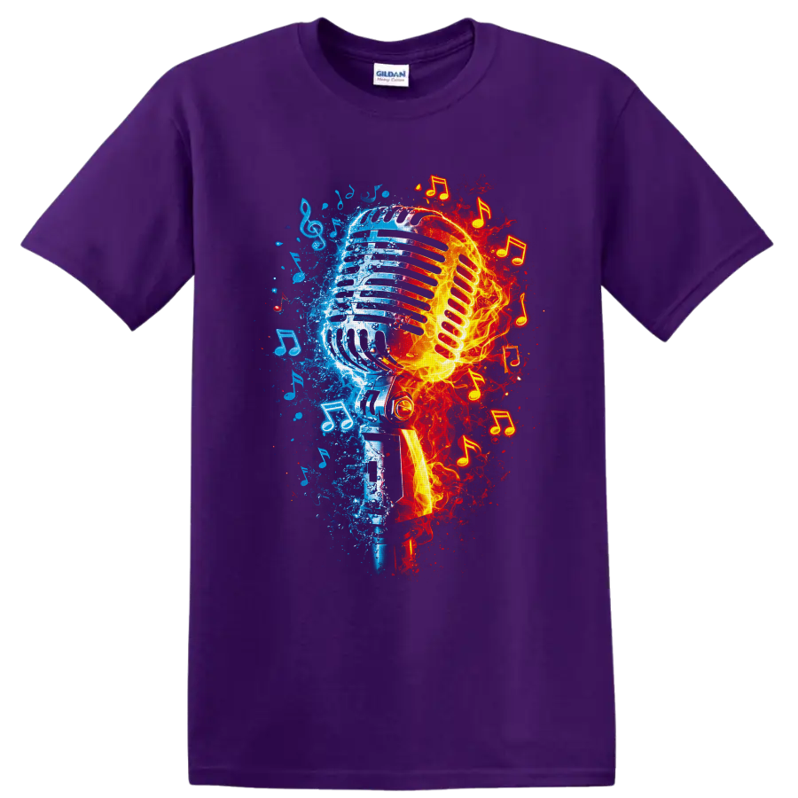 Fire and ice vintage microphone graphic with blue splashes, flames, and music notes on a Purple T Shirt