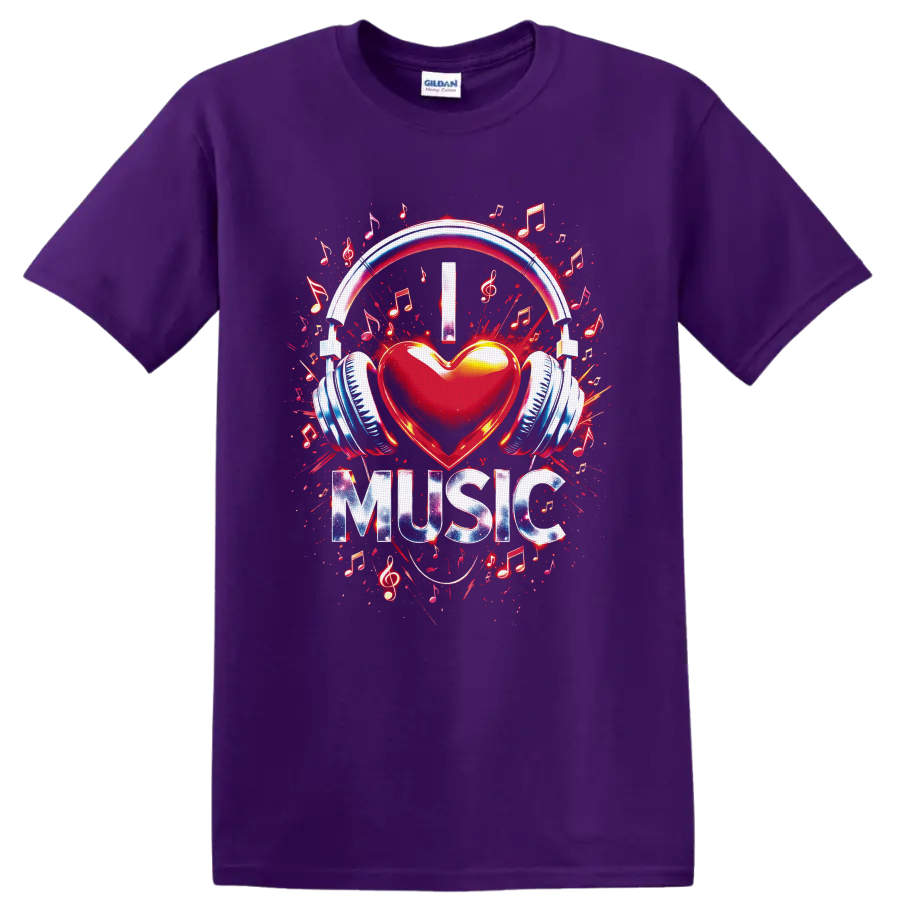 Red heart with headphones, musical notes, treble clefs, and MUSIC graffiti graphic on a Purple T Shirt