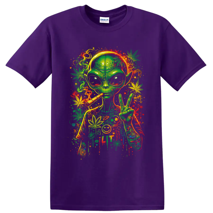 Psychedelic green alien smoking with peace sign, cannabis leaves, and neon paint splatters on a Purple T Shirt