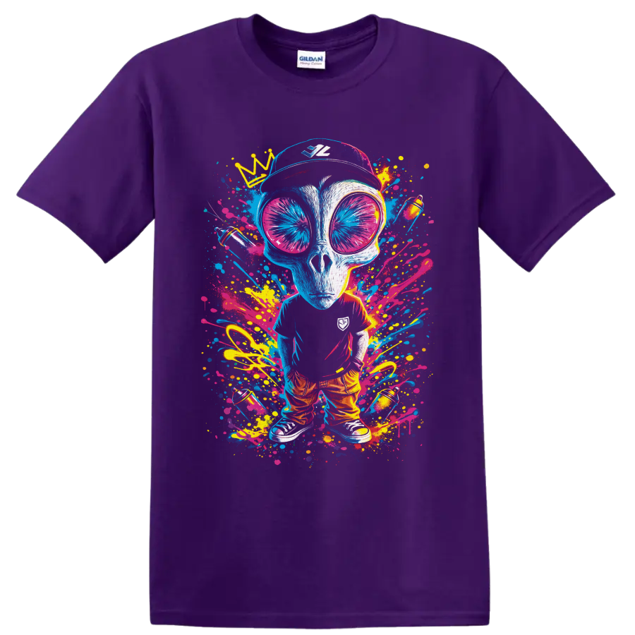 Crowned alien in oversized sunglasses with neon graffiti paint splatters on a Purple T Shirt