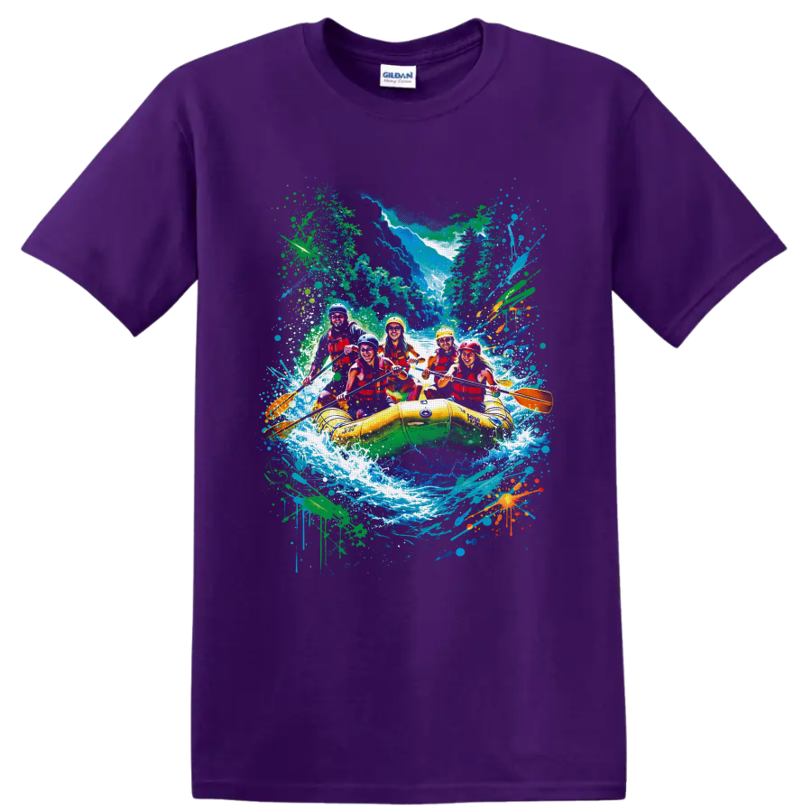 Colorful whitewater rafting crew in yellow raft with canyon rapids and paint splatters on a Purple T Shirt