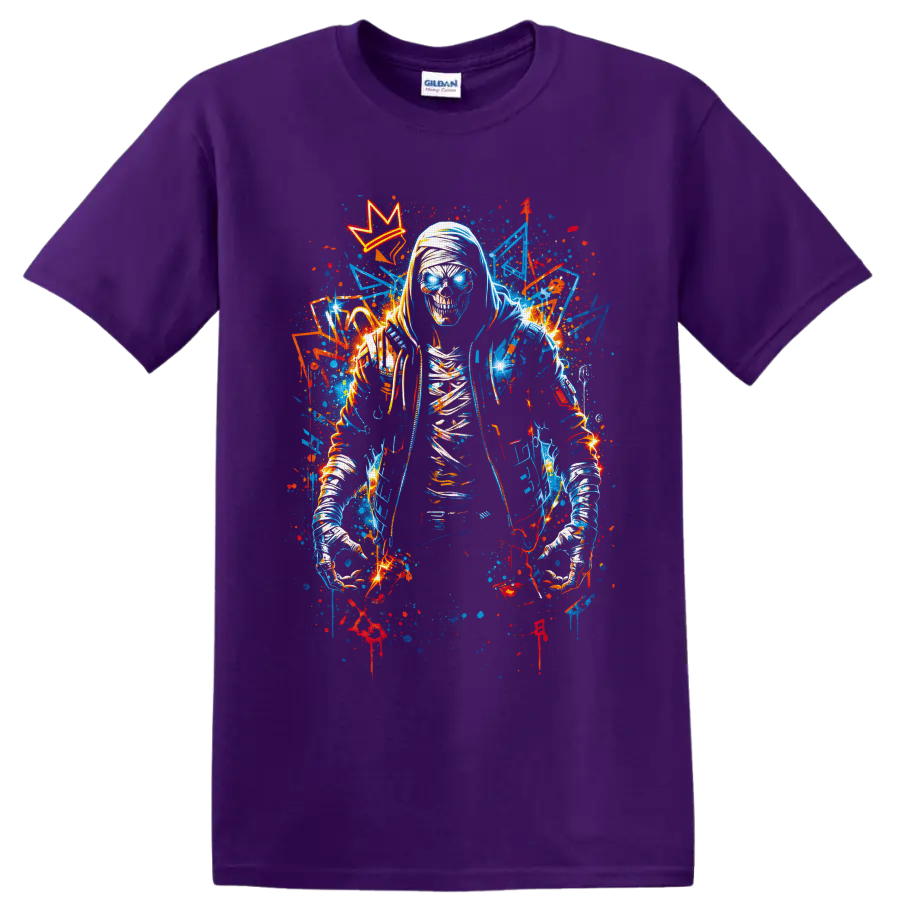 Hooded skeleton with glowing blue eyes, crown, and neon graffiti splatters on a Purple T Shirt