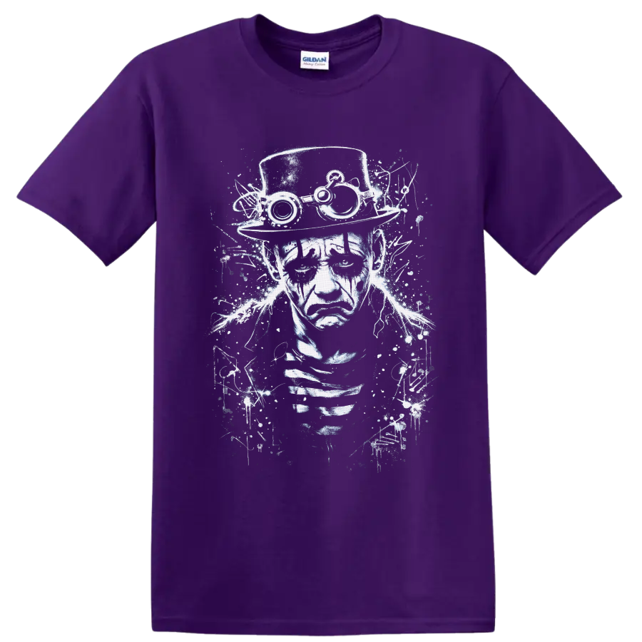 Steampunk gothic portrait with top hat goggles and distressed industrial linework on a Purple T Shirt